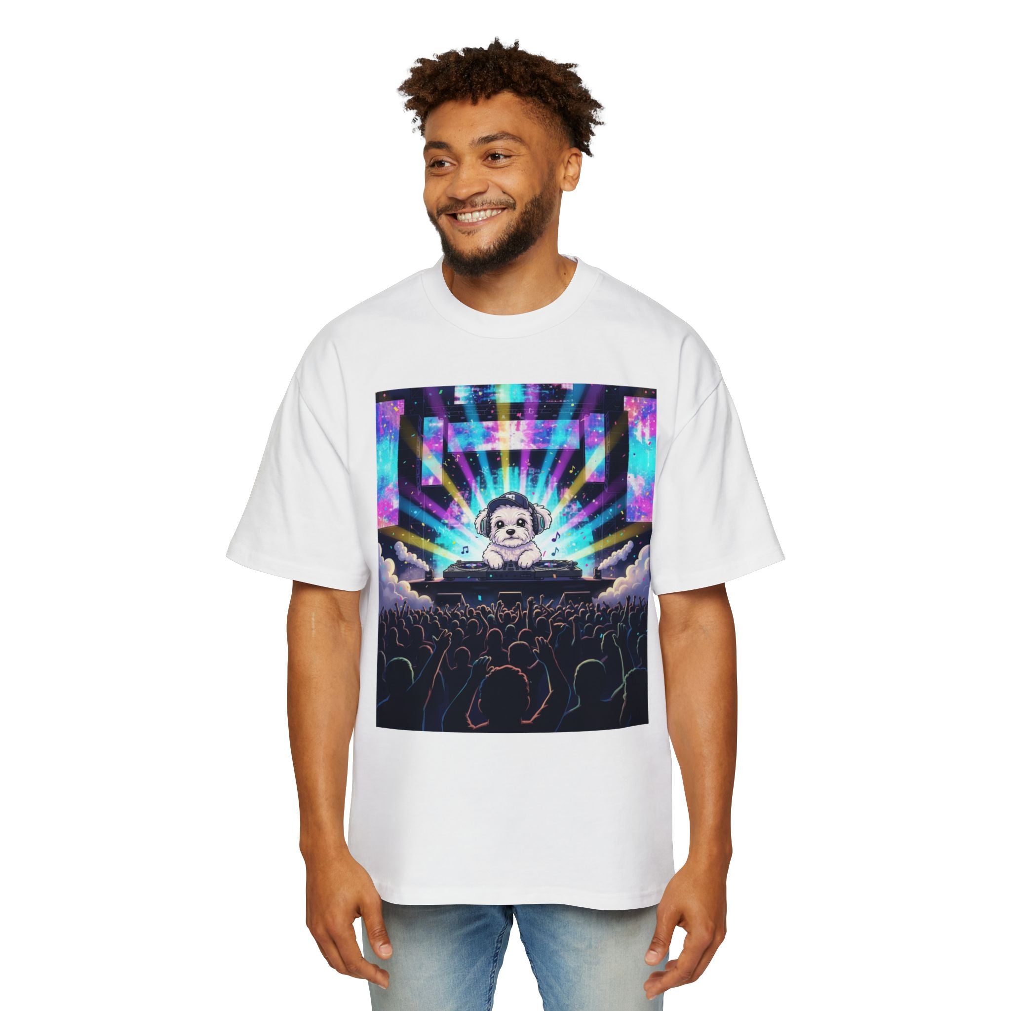 Men’s Heavy Oversized Tee – Izzy at the Rave Edition 🎶🐾